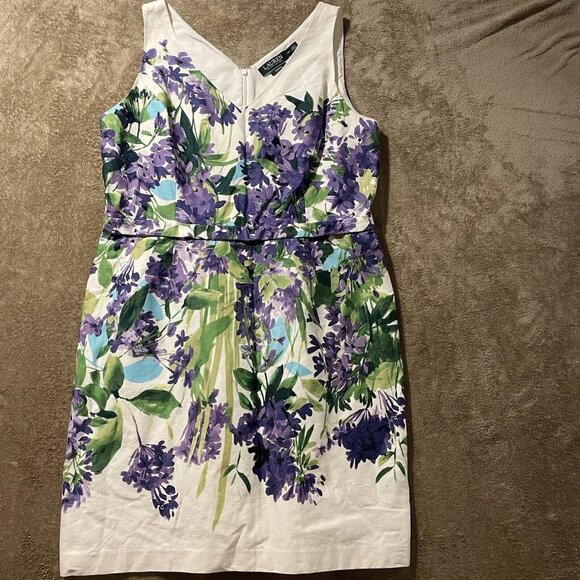 LAUREN RALPH LAUREN Dress Womens 14 Petite Floral Sleeveless Spring Summer Mid - Picture 1 of 9